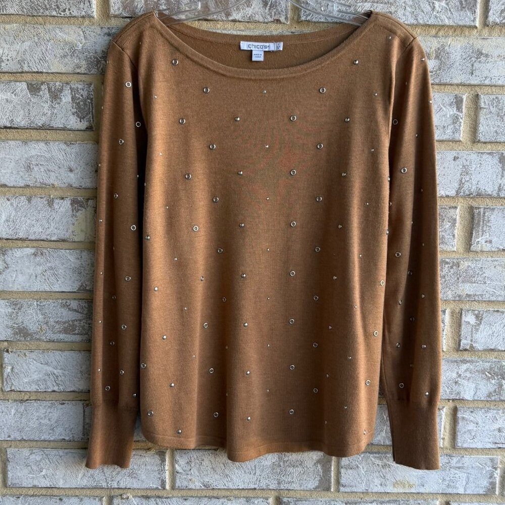 Chico's Long Sleeve Bateau Neck Studded Knit Sweater Size 1 (M)